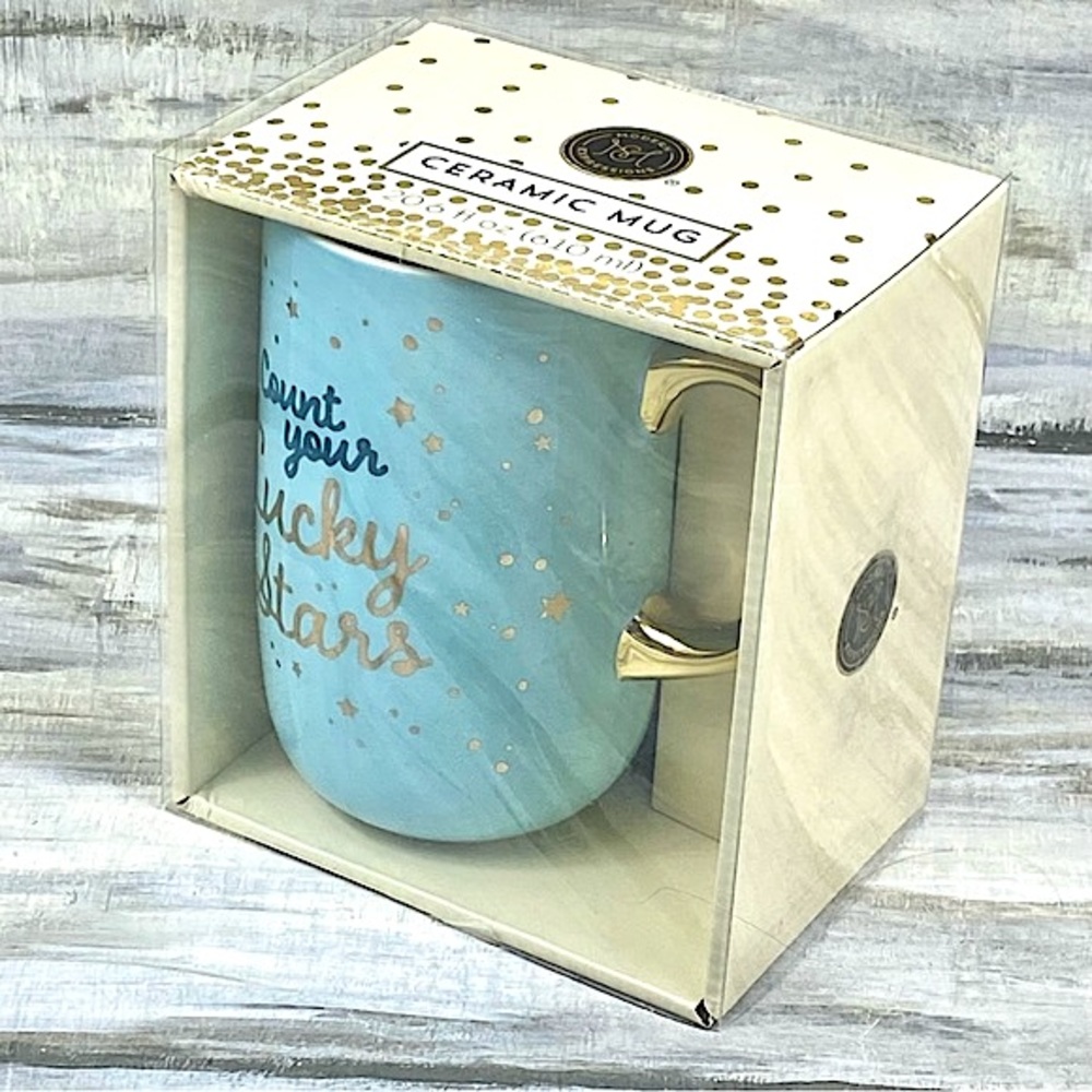 NEW Modern Expressions Ceramic Mug “Count Your Lucky Stars” Blue Gold Large Box
